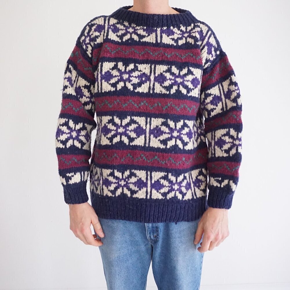 VTG '80S Rey Wear Purple Maroon Wool Cottagecore Chunky Knit Crewneck Sweater XL